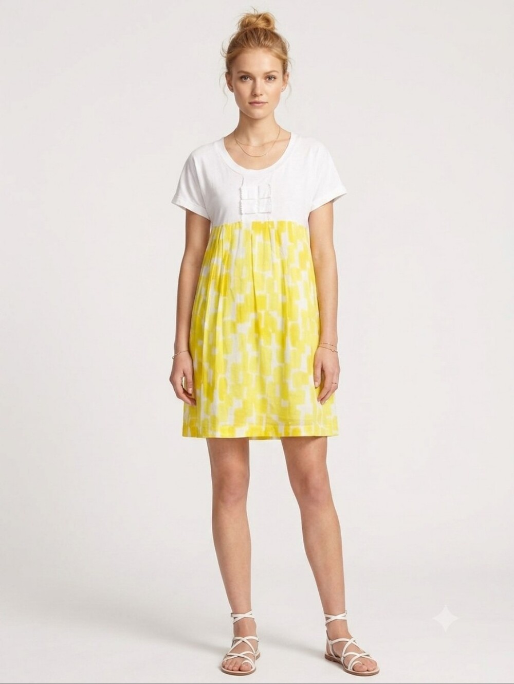 SEE BY CHLOÉ Yellow and White Graphic Print Cotton Mini Babydoll Dress